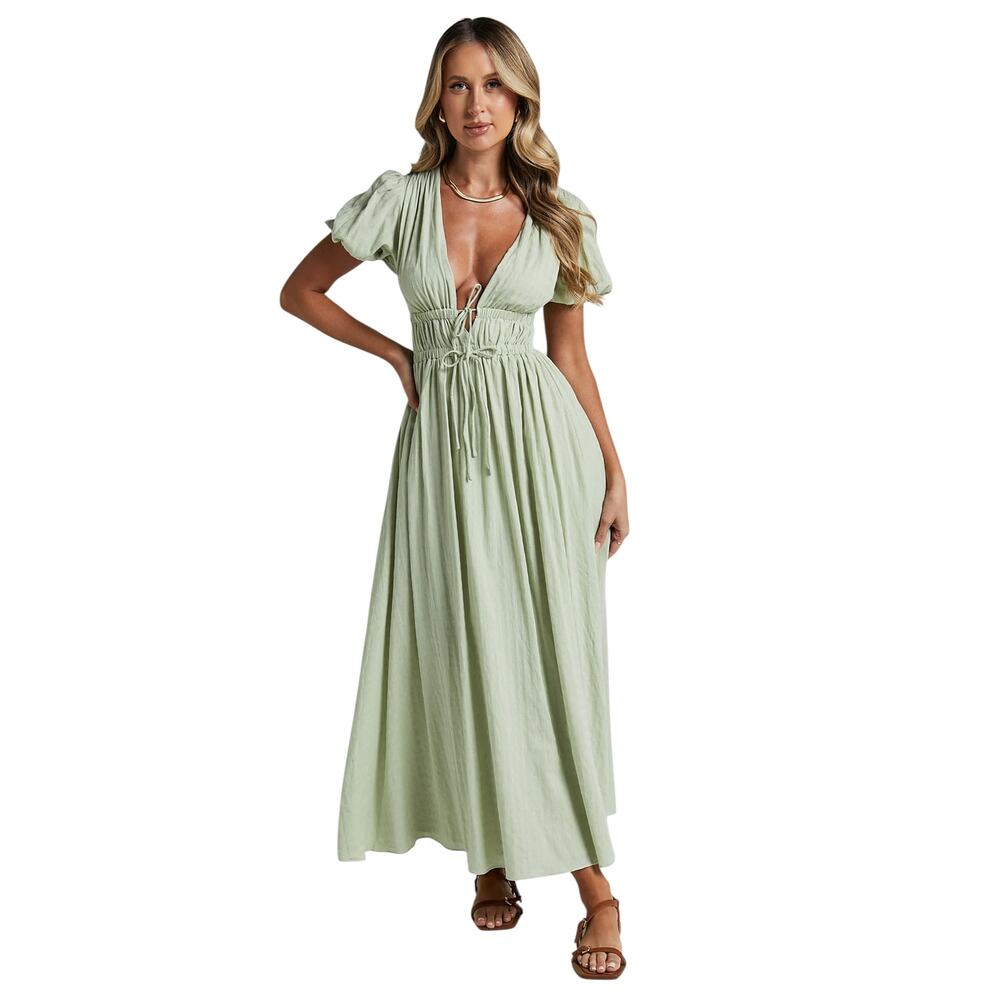 Showpo. Deep V Neck Puff Sleeve Matteo Dress in Sage size 10 NWT